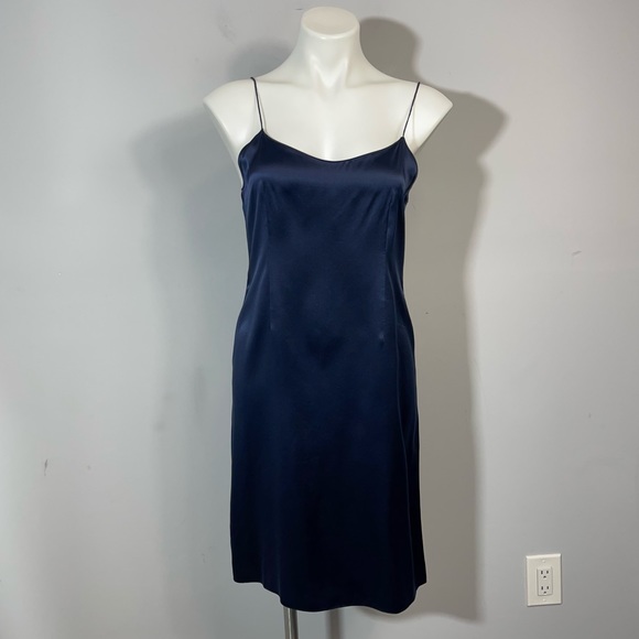 Rickie Freeman Teri Jon Silk Satin Slip Dress Navy Blue 6 Midi Spaghetti Strap - Picture 5 of 14